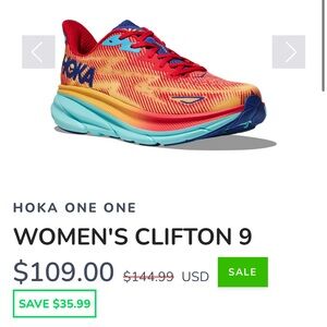 Hoka Women's Clifton 9 Red and Blue Athletic Shoes - size 9.5